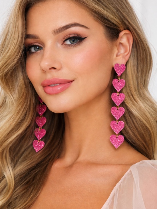 Handmade Jewelry - Sparkling Pink Heart Link Drop Earrings